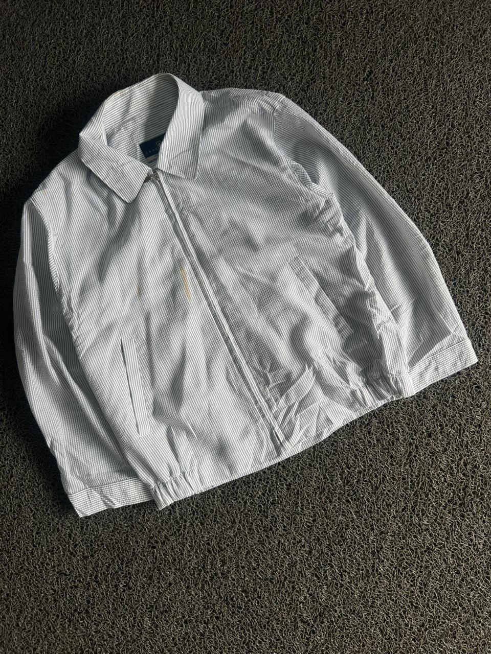 Men's White Micro-Stripe Zip-Up Harrington Jacket(⚠️Small Stain)