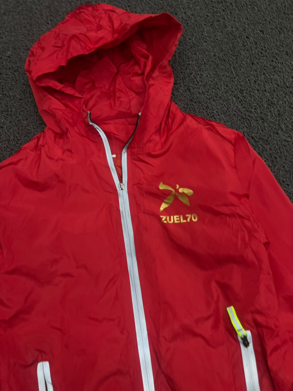 Red Hooded Windbreaker Jacket with Reflective Zip Details