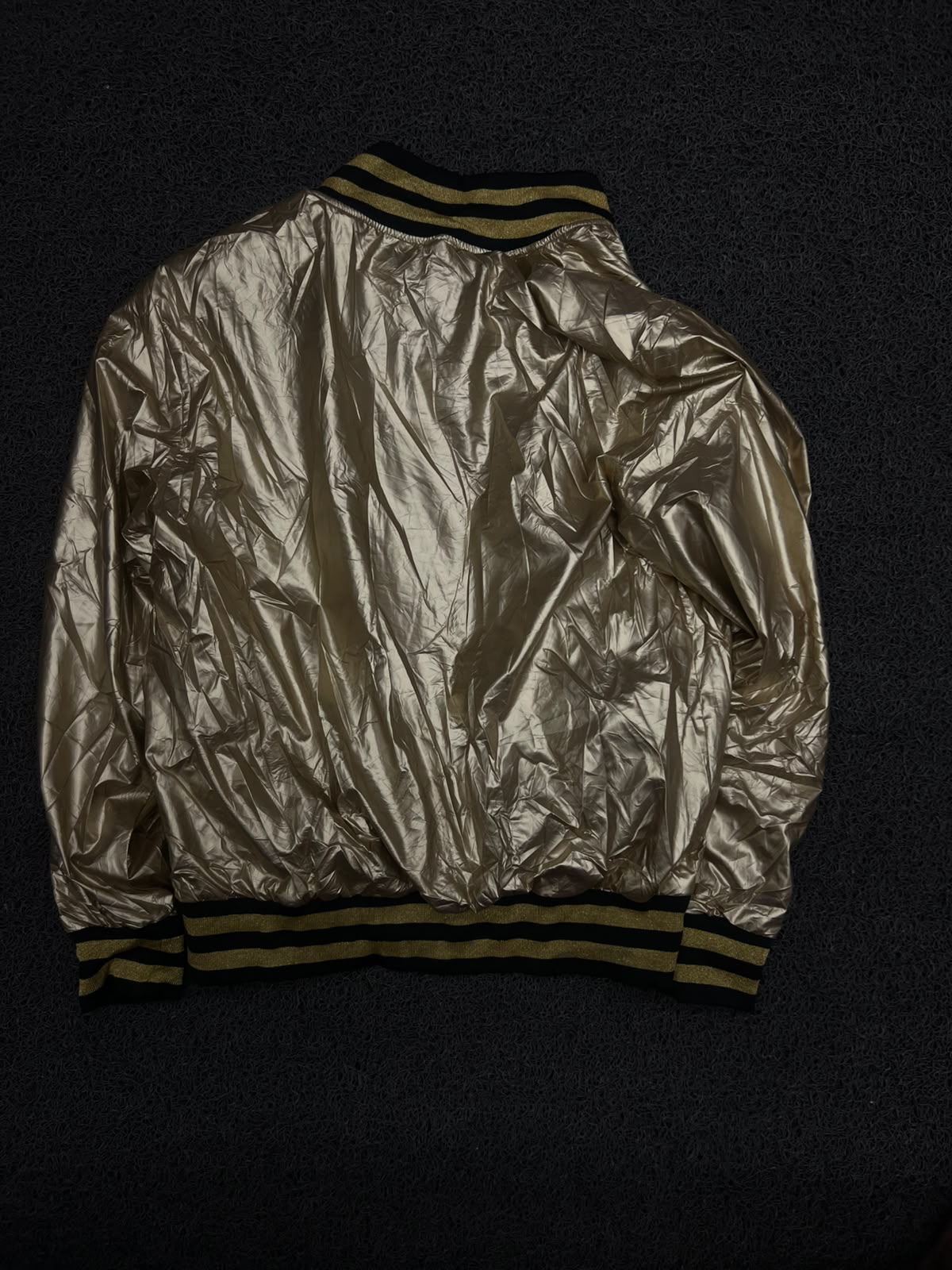 Metallic Gold Bomber Jacket with Black & Gold Striped Ribbed Details ⚠️ No Zip