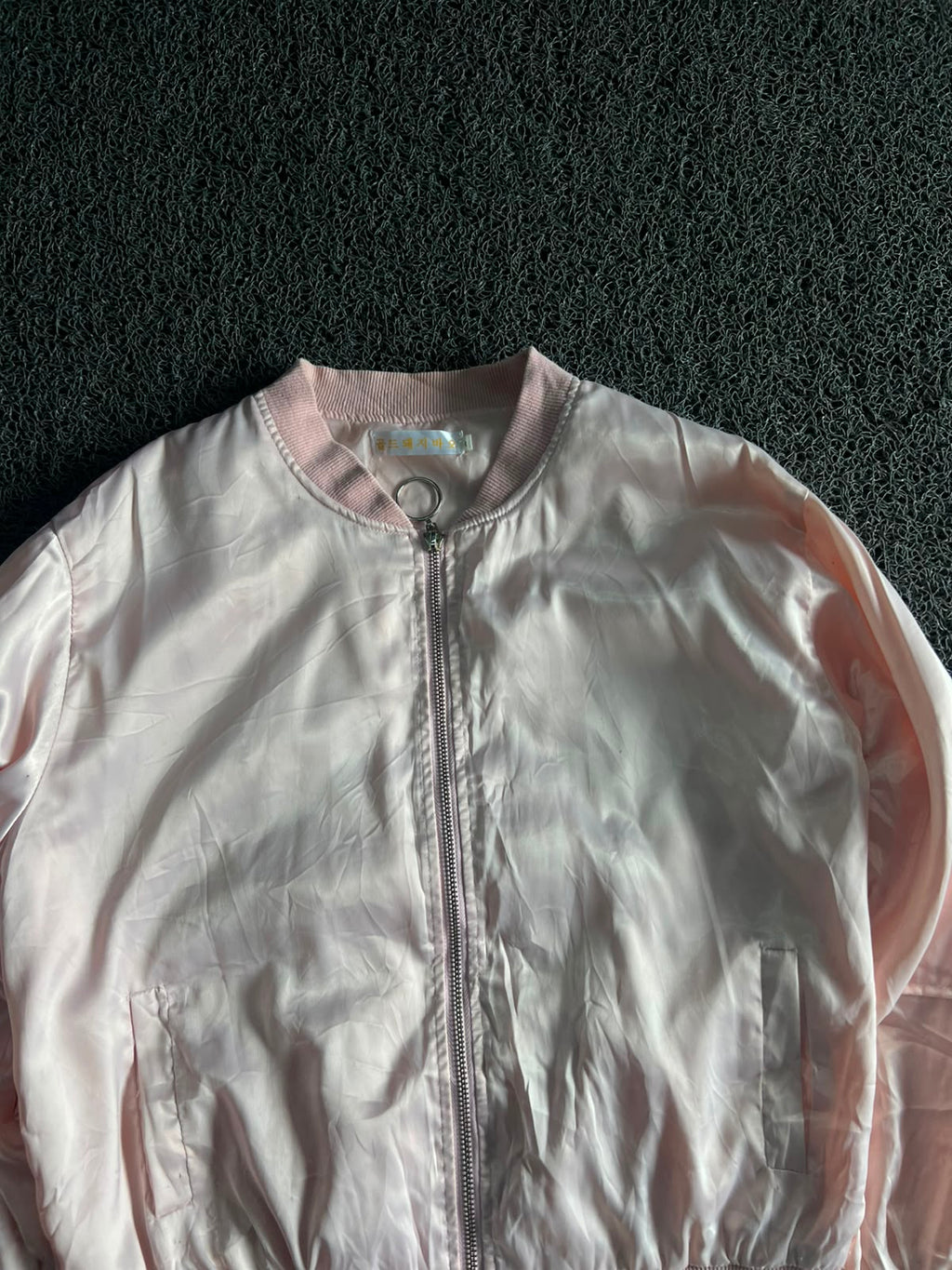 Blush Pink Satin Bomber Jacket with Bow Sleeve Detail