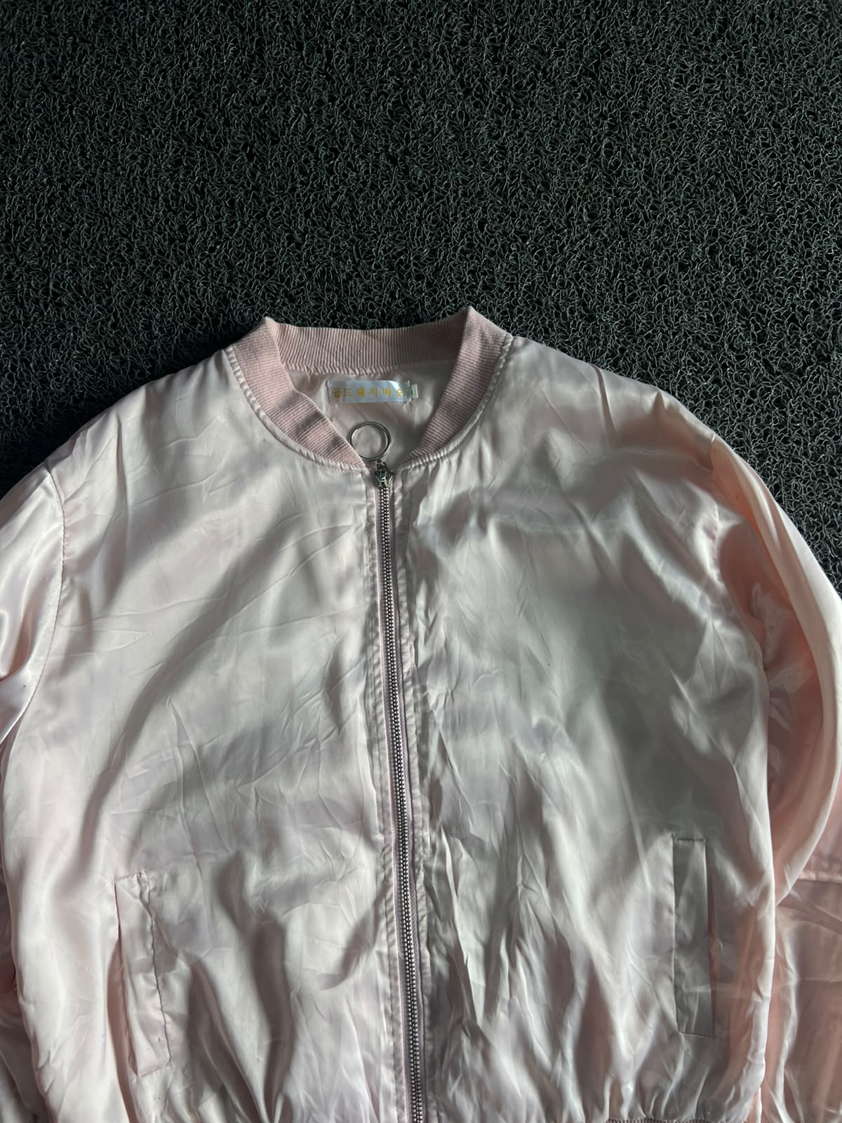 Blush Pink Satin Bomber Jacket with Bow Sleeve Detail