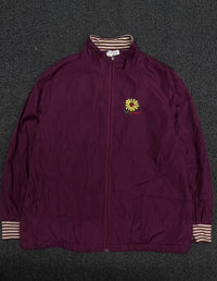 Vintage Full-Zip Windbreaker Jacket with Striped Ribbed Cuffs & Floral Embroidery