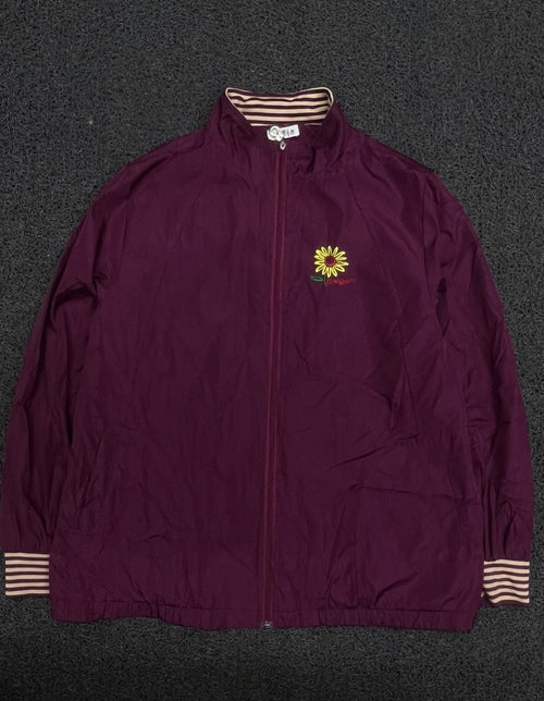 Vintage Full-Zip Windbreaker Jacket with Striped Ribbed Cuffs & Floral Embroidery