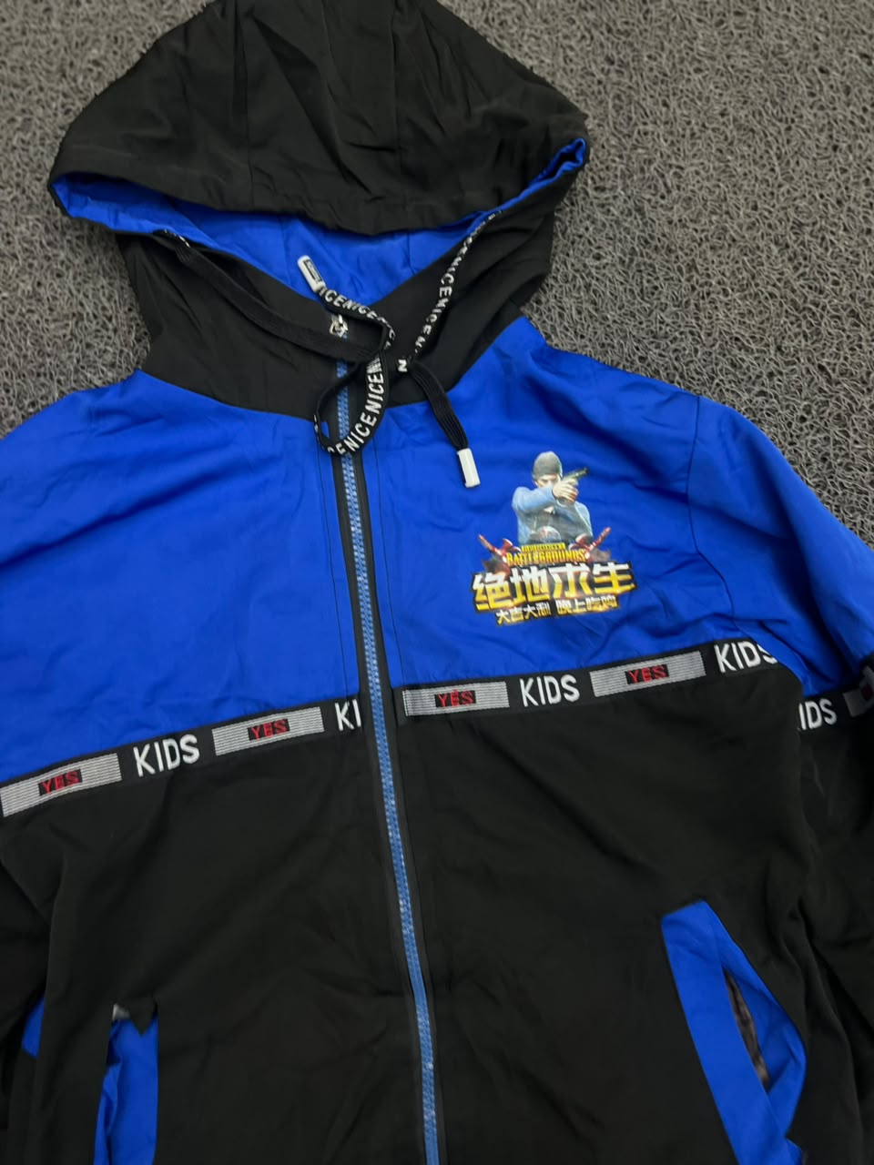 Kids Blue & Black Hooded Zip-Up Jacket – Graphic Print Casual Windbreaker