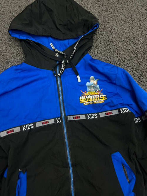 Kids Blue & Black Hooded Zip-Up Jacket – Graphic Print Casual Windbreaker