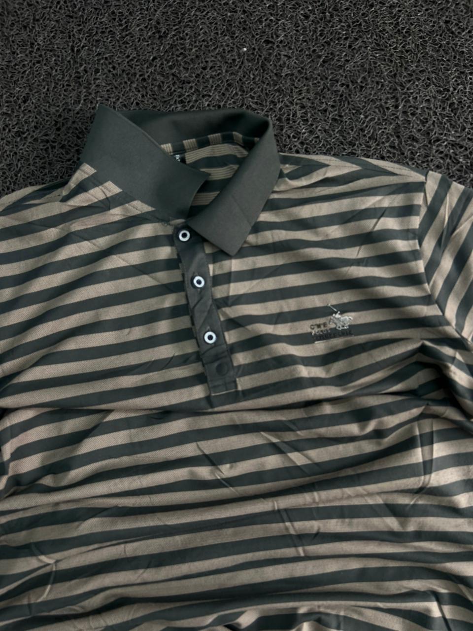 Men's Grey & Black Striped Polo T-Shirt – Regular Fit Casual Half Sleeve