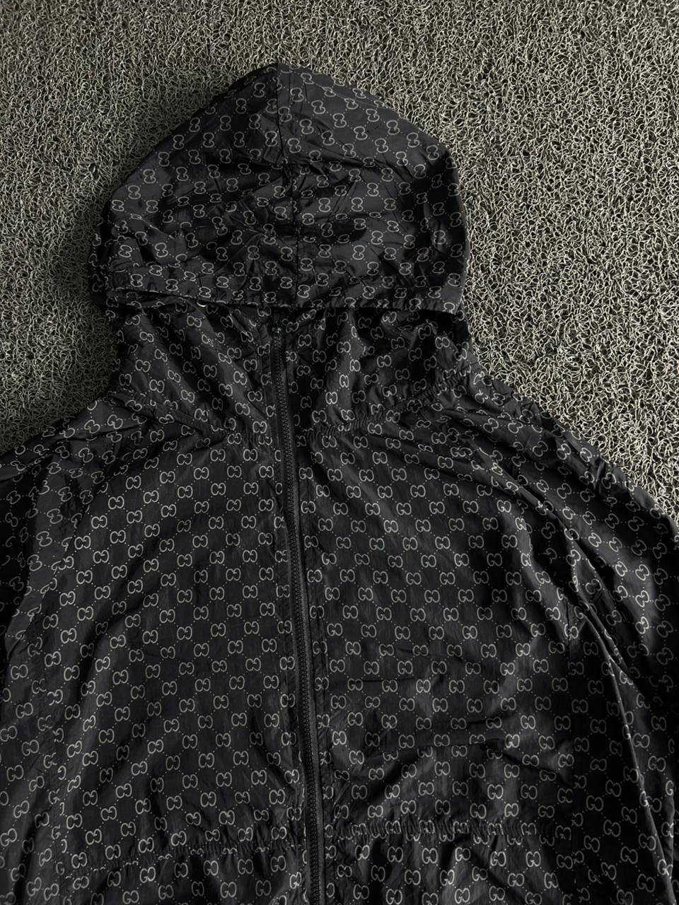 Luxury Black GG Monogram Hooded Windbreaker Jacket