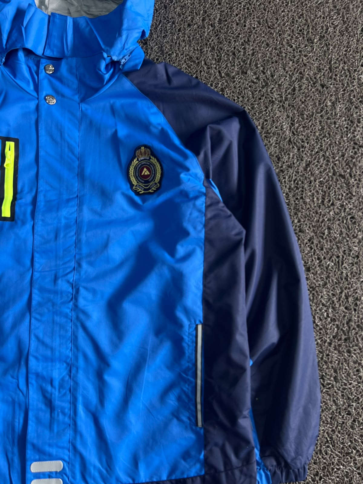 Blue Hooded Waterproof Rain Jacket with Reflective Details
