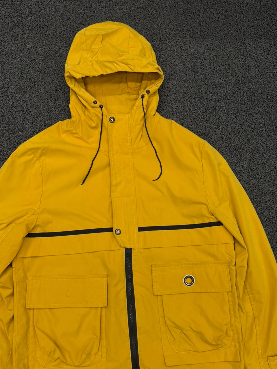Men's Mustard Yellow Hooded Utility Windbreaker Jacket with Large Cargo Pockets
