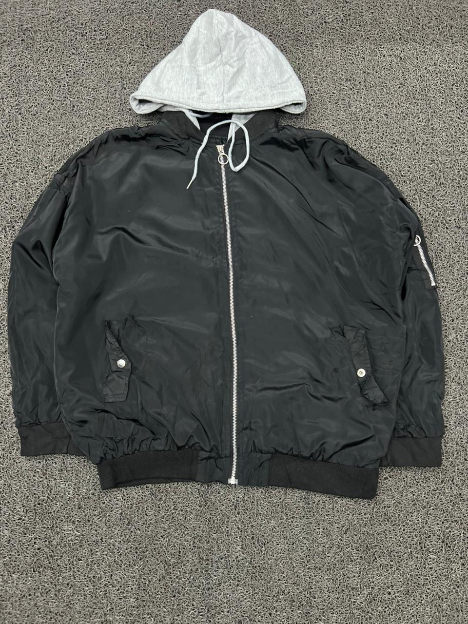 Black Hooded Bomber Jacket – Lightweight Zip-Up | Thrifted Vintage