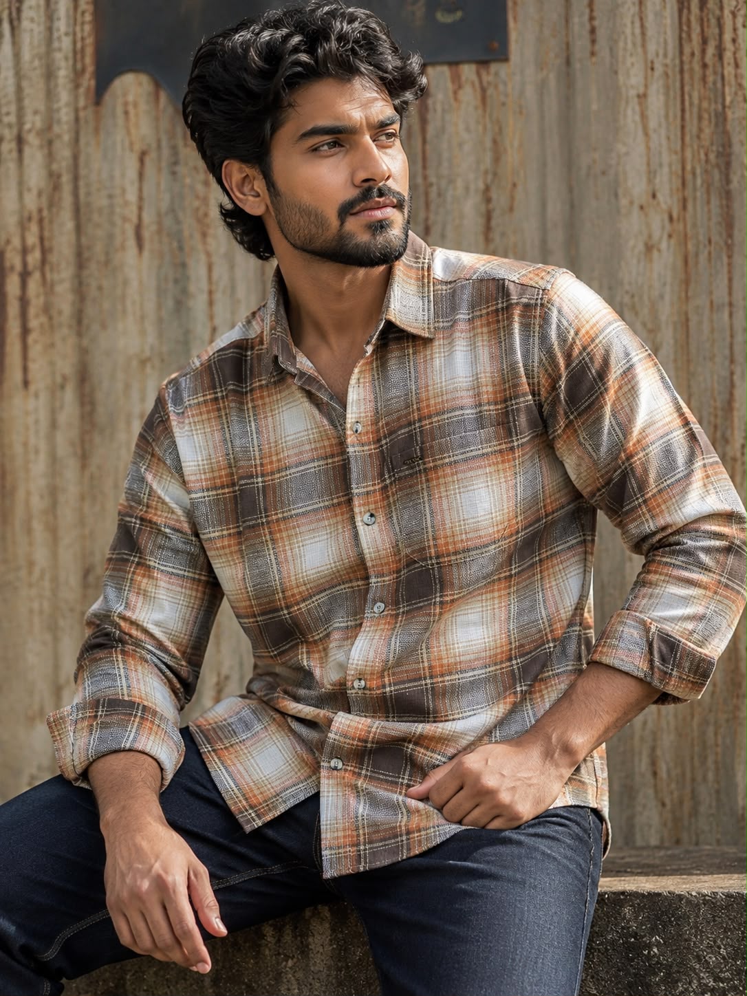 SKINN Colors Smart Fit Brown & Orange Plaid Flannel Shirt