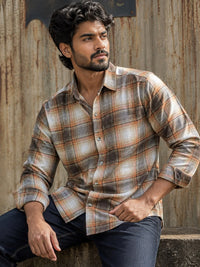 SKINN Colors Smart Fit Brown & Orange Plaid Flannel Shirt
