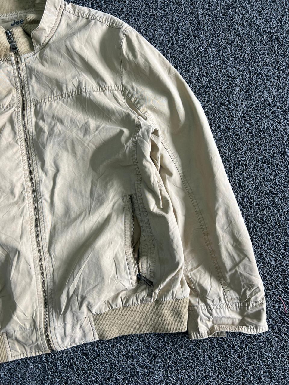 Jeep Men's Beige Lightweight Zip-Up Bomber Jacket – Casual Stand Collar Windbreaker