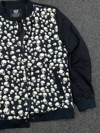 Black Skull Print Bomber Jacket | Gothic Streetwear Snap-Button Jacket ⚠️ No Zip