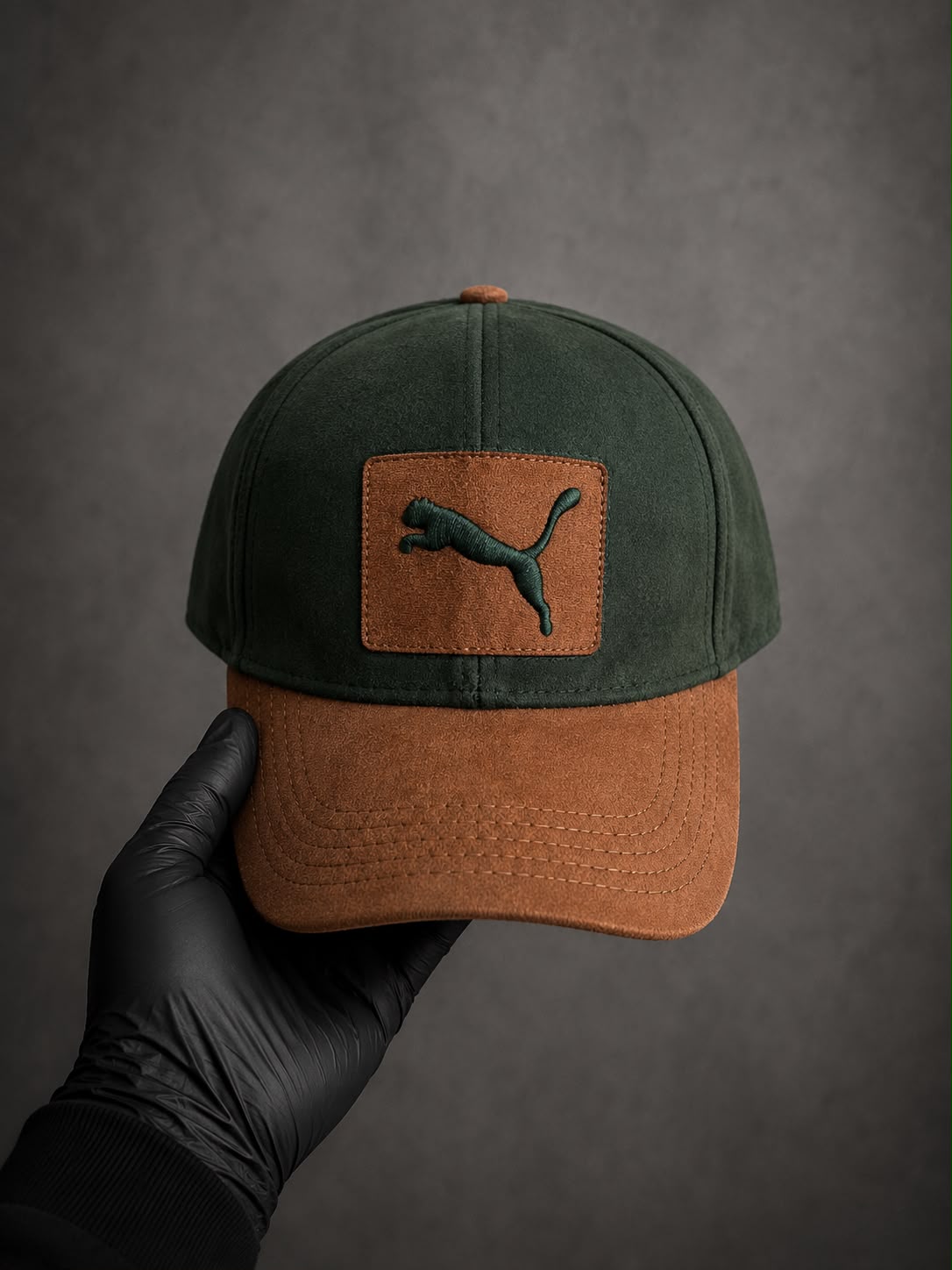 Puma Dark Green & Brown Leather-Style Trucker Cap