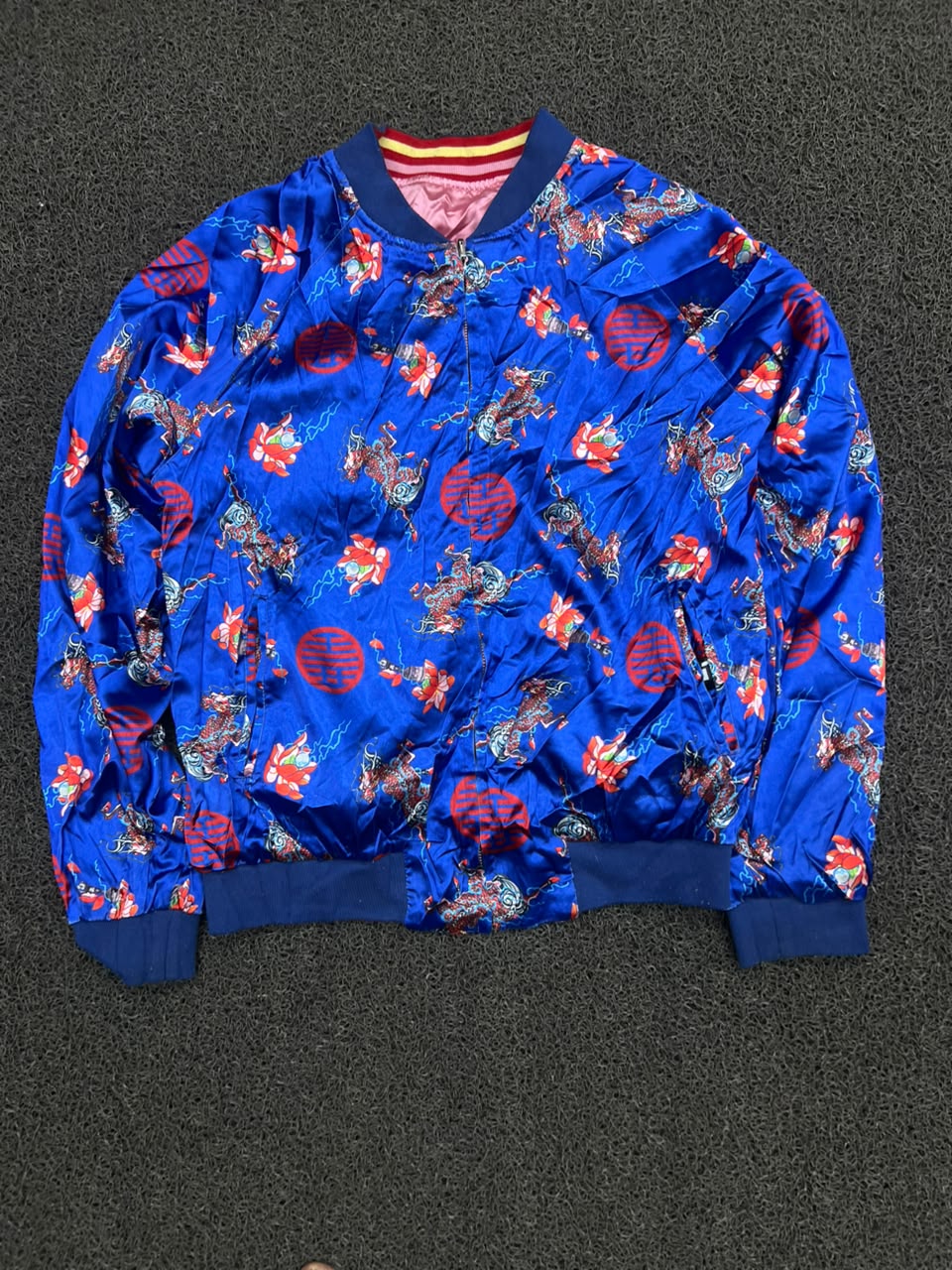 Reversible Pink & Blue Embroidered Bomber Jacket – Floral & Dragon Print | Unisex Streetwear