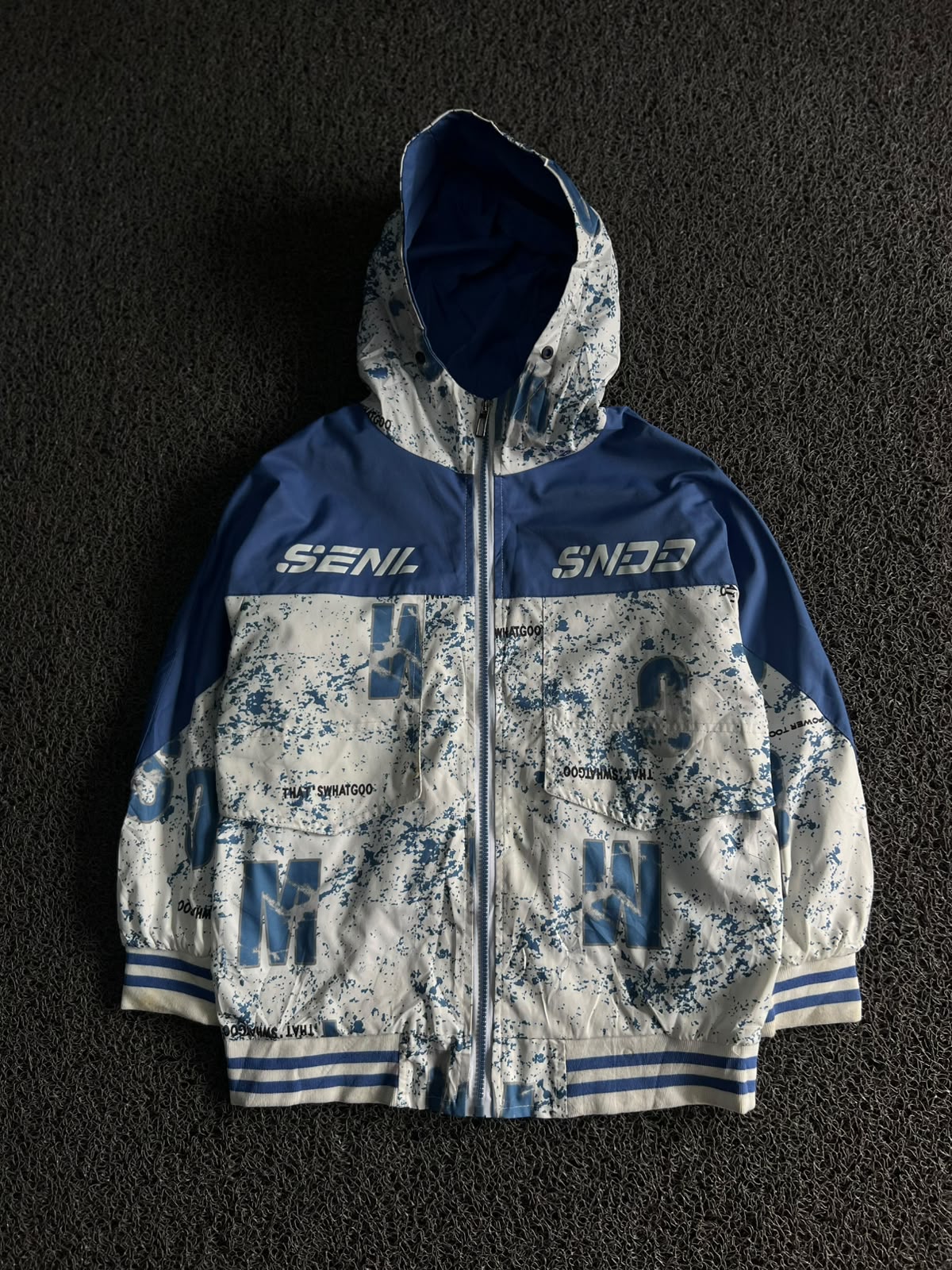 Blue & White Graphic Print Hooded Windbreaker Jacket