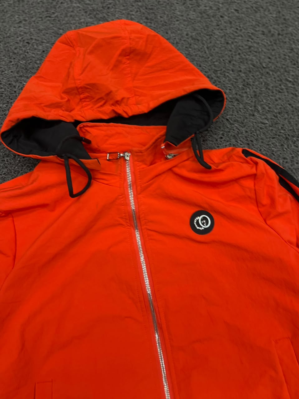 Red Hooded Zip-Up Track Jacket with Sleeve Print