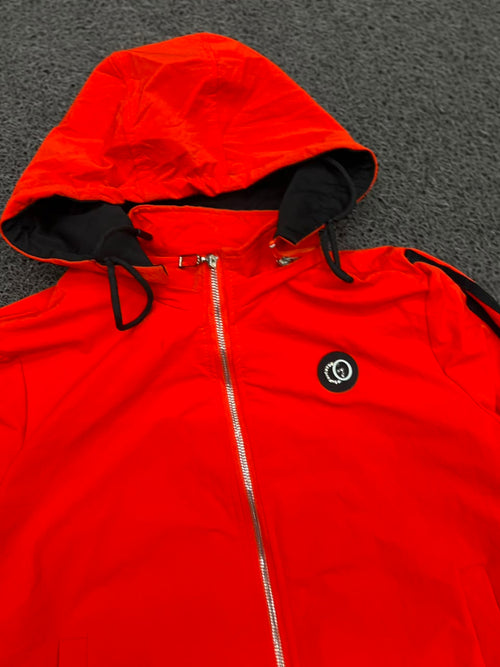 Red Hooded Zip-Up Track Jacket with Sleeve Print