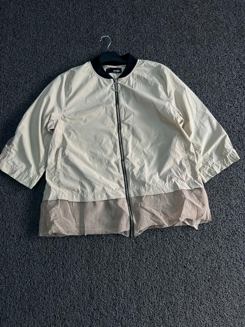 Beige Mesh Hem Zip-Up Bomber Jacket