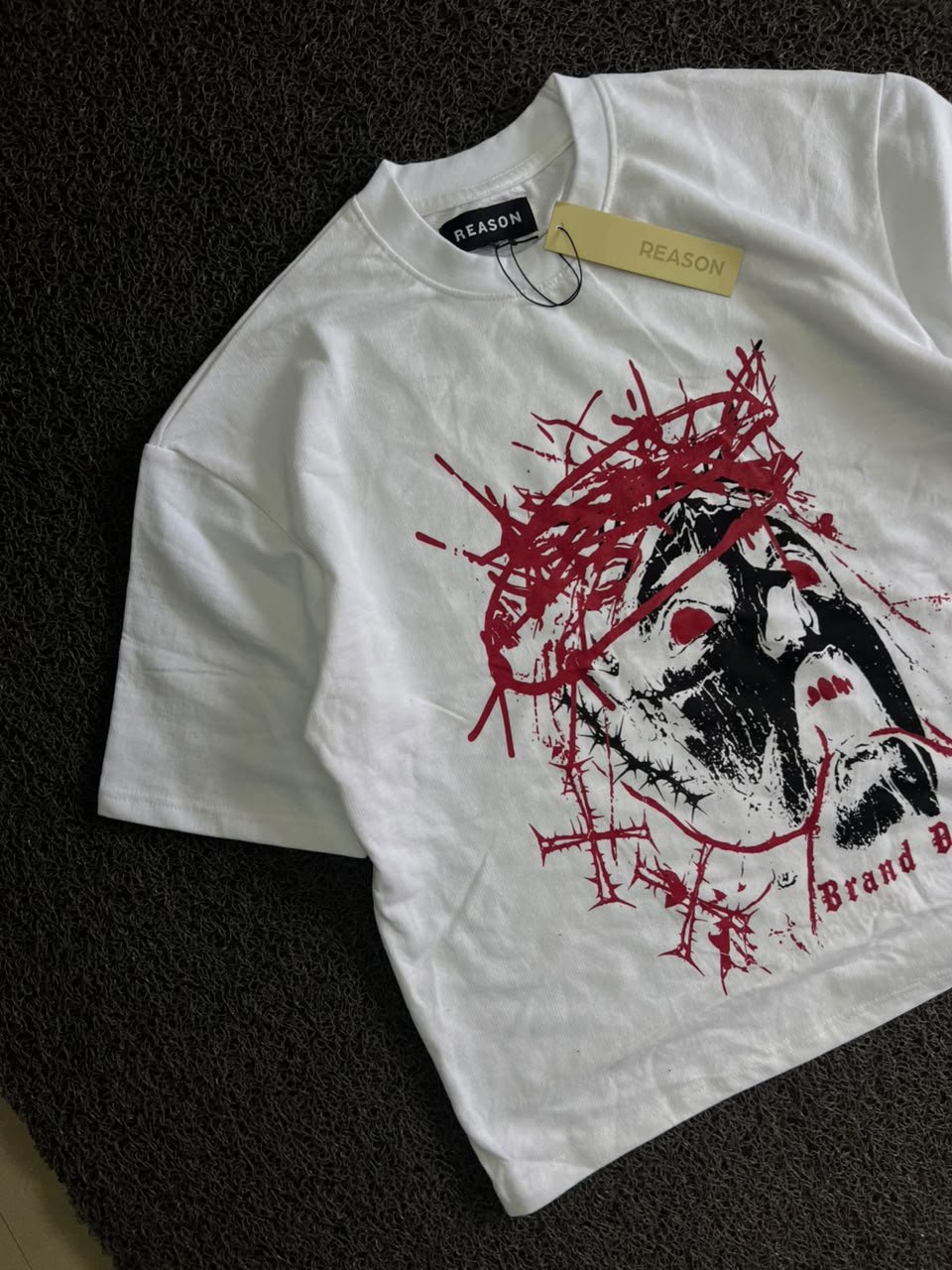 White Graphic Print Oversized T-Shirt with Gothic Face Design