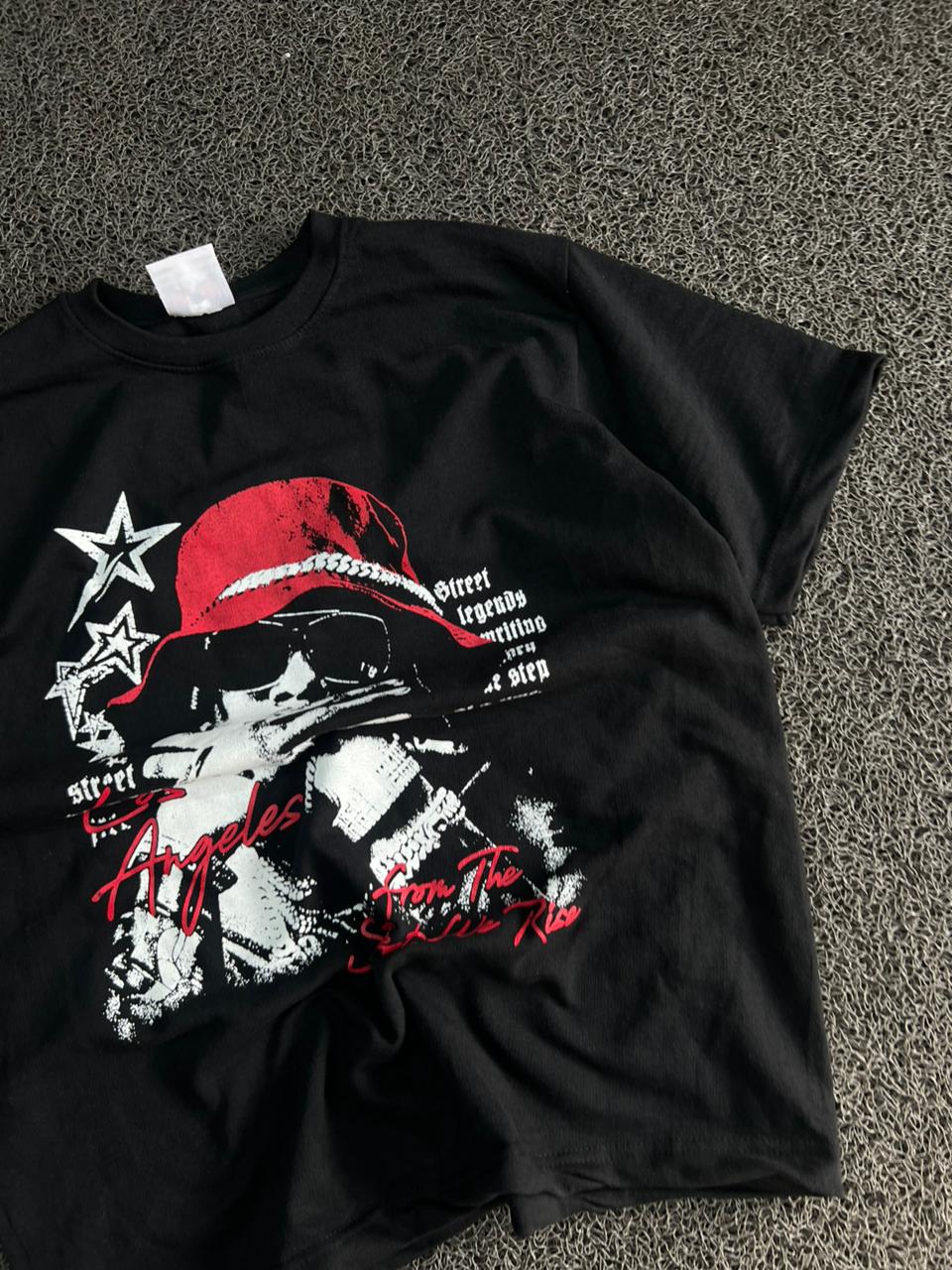 Men's Black Oversized Los Angeles Street Graphic Printed Cotton T-Shirt