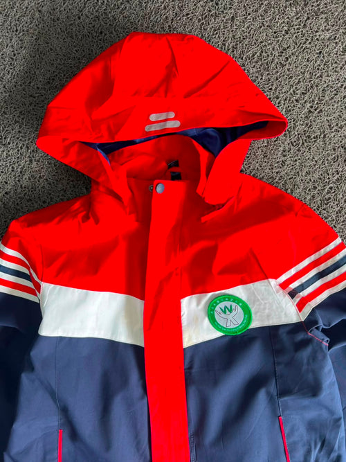 Men's Color Block Hooded Windbreaker Jacket – Red & Navy Lightweight Outdoor Full-Zip Coat
