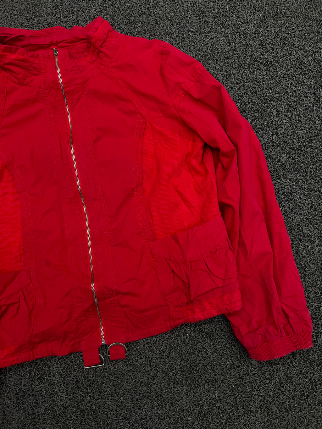 Red Lightweight Zip-Up Jacket with Ruffle Pocket Detail
