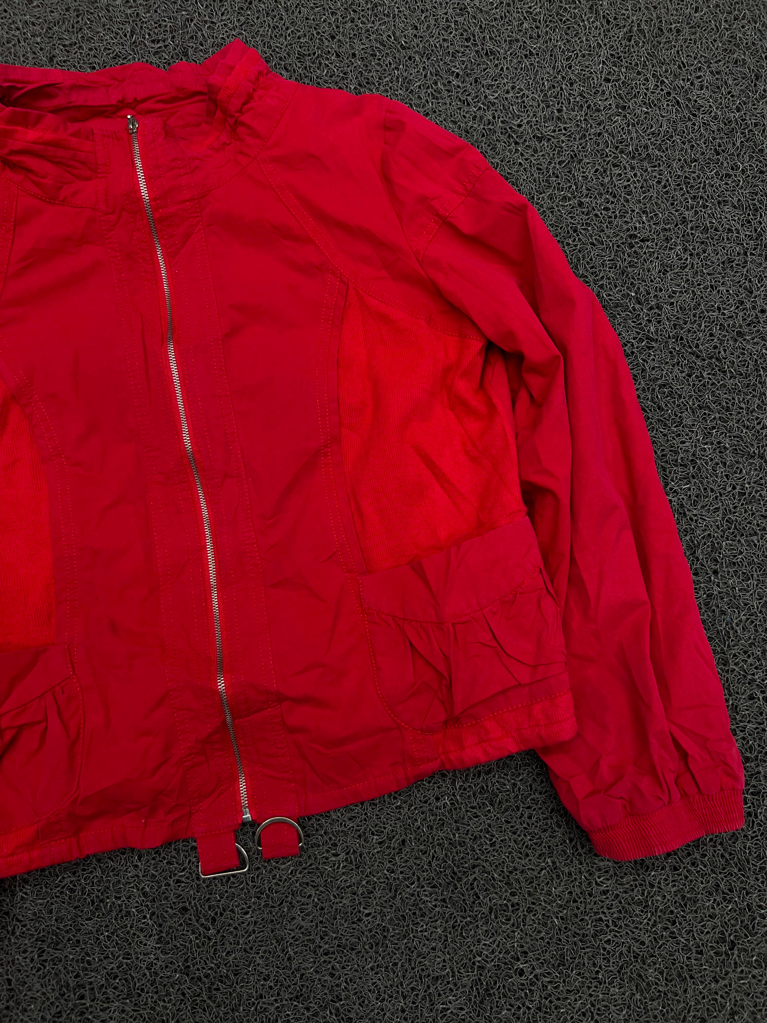 Red Lightweight Zip-Up Jacket with Ruffle Pocket Detail
