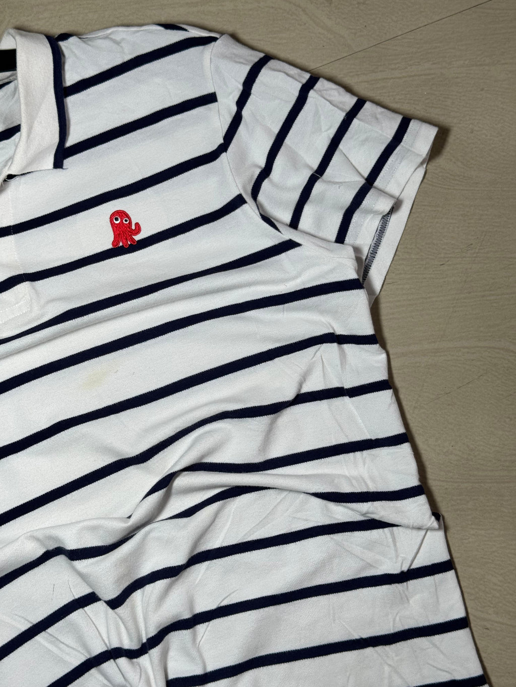 Vintage Balabala Striped Polo Shirt White Navy Red Octopus Embroidered Tee