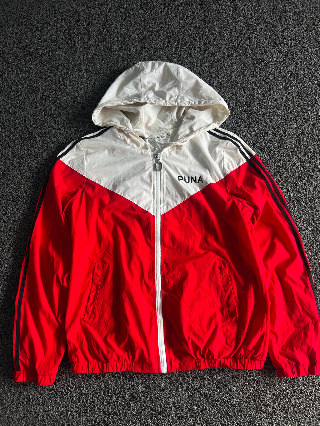 PUNA Red White Hooded Windbreaker Jacket with Contrast Stripes