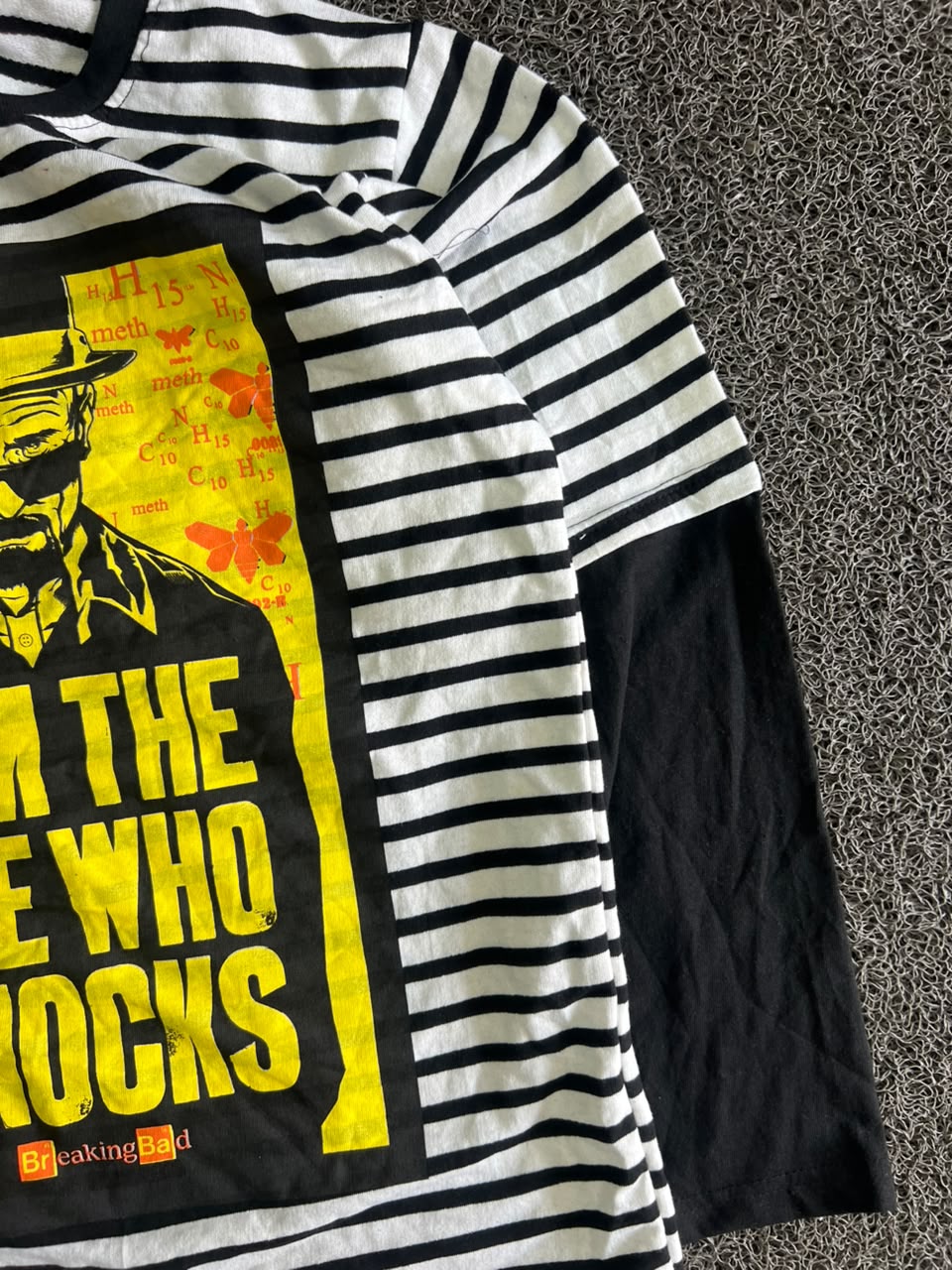 Black & White Striped Graphic T-Shirt with “Breaking Bad” Front Print