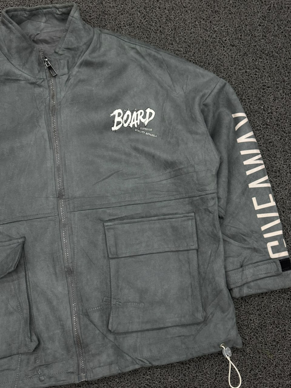 Men's Charcoal Grey Utility Cargo Zip-Up Jacket with Adjustable Hem