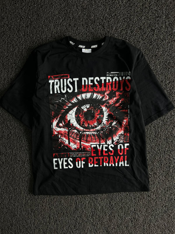 Vintage Black Graphic T-Shirt – Red & White Eye Print “Eyes of Betrayal” Design