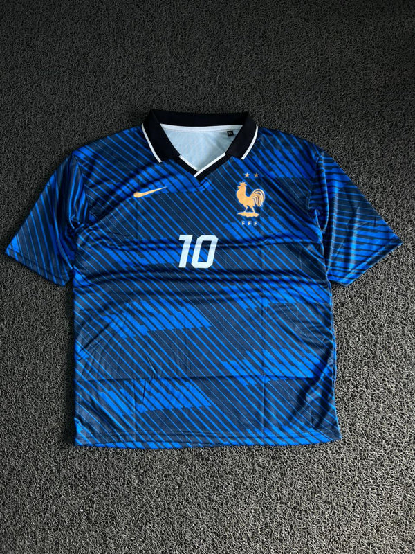 Vintage Blue Mbappé #10 Football Five Sleeve Collar Jersey – Graphic Print