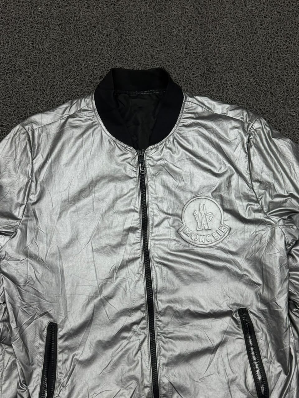 Moncler Silver Metallic Logo Bomber Jacket – Full Zip Men's Outerwear
