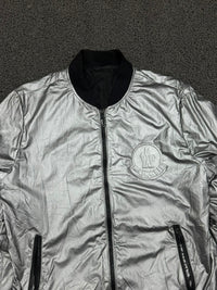 Moncler Silver Metallic Logo Bomber Jacket – Full Zip Men's Outerwear