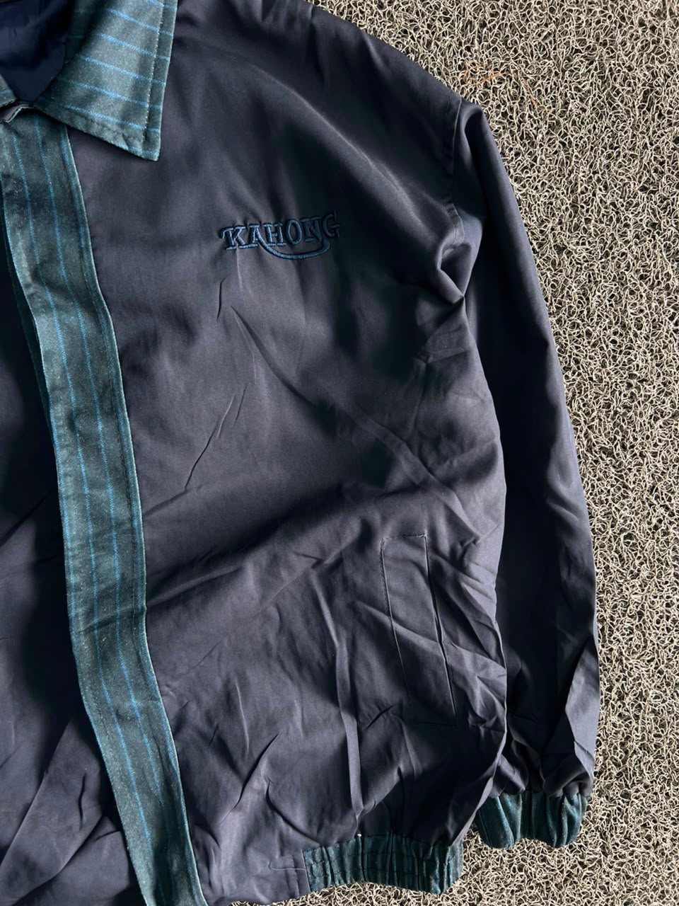 KAHONG Navy Plaid Trim Bomber Jacket ⚠️ Small Damage