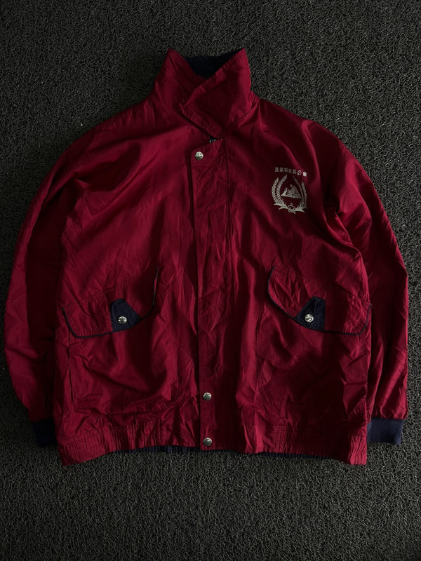 Vintage Hooded Utility Windbreaker Jacket with Embroidered Crest & Snap Pockets ⚠️ Small Stains