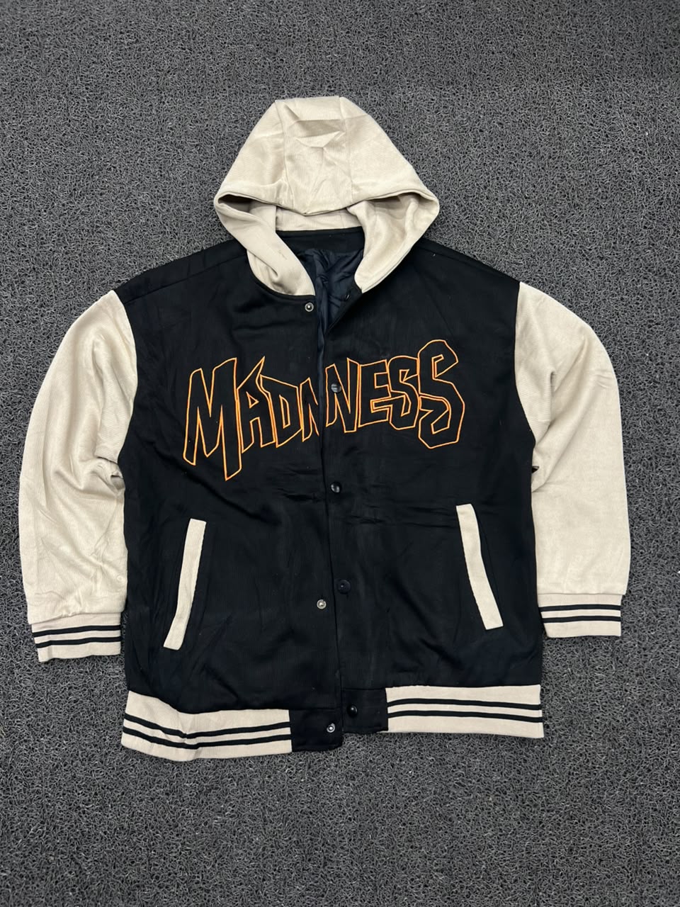 Madness Hooded Varsity Jacket – Black & Cream Snap Button College Jacket ⚠️ No Zip