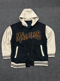 Madness Hooded Varsity Jacket – Black & Cream Snap Button College Jacket ⚠️ No Zip