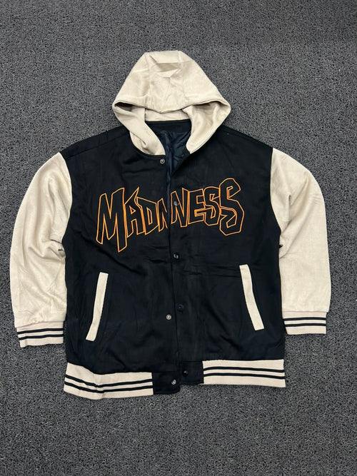 Madness Hooded Varsity Jacket – Black & Cream Snap Button College Jacket ⚠️ No Zip
