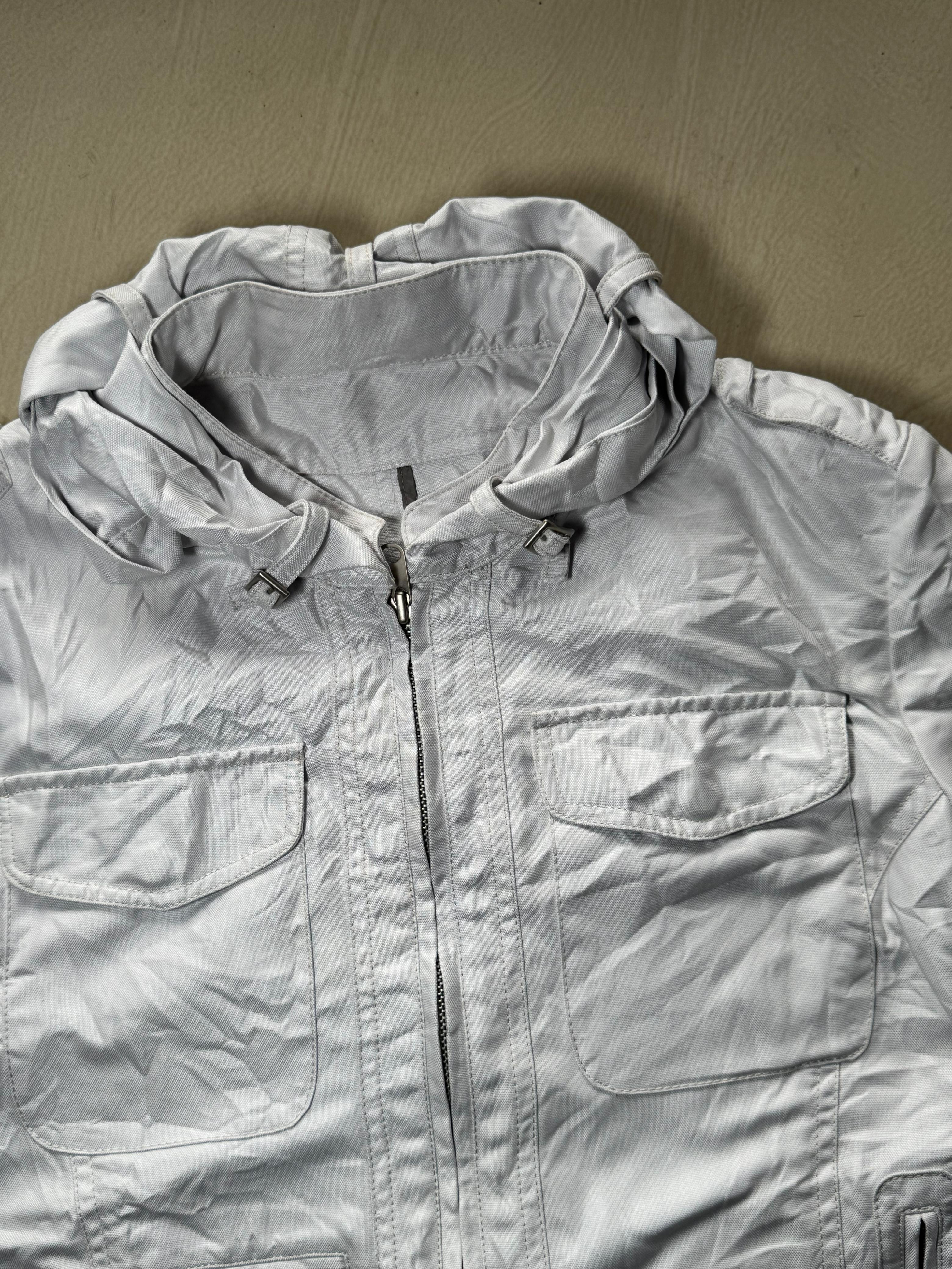 Men's White Utility Hooded Zip-Up Jacket – Lightweight Multi-Pocket Casual Outdoor Windbreaker