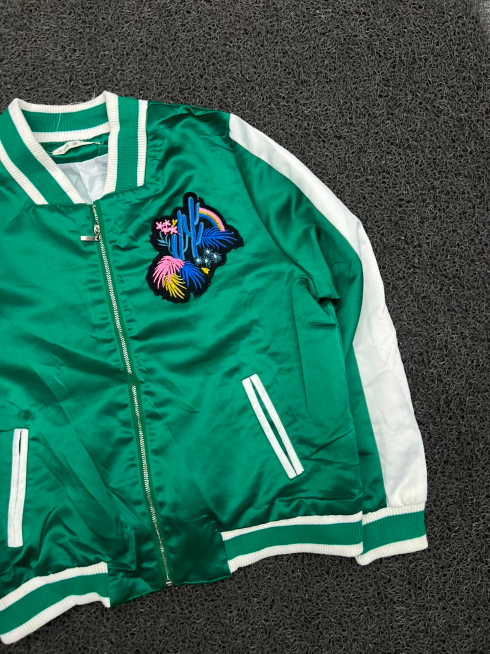 Green Satin Bomber Jacket with Embroidered Chest Patch – Varsity Style Zip-Up