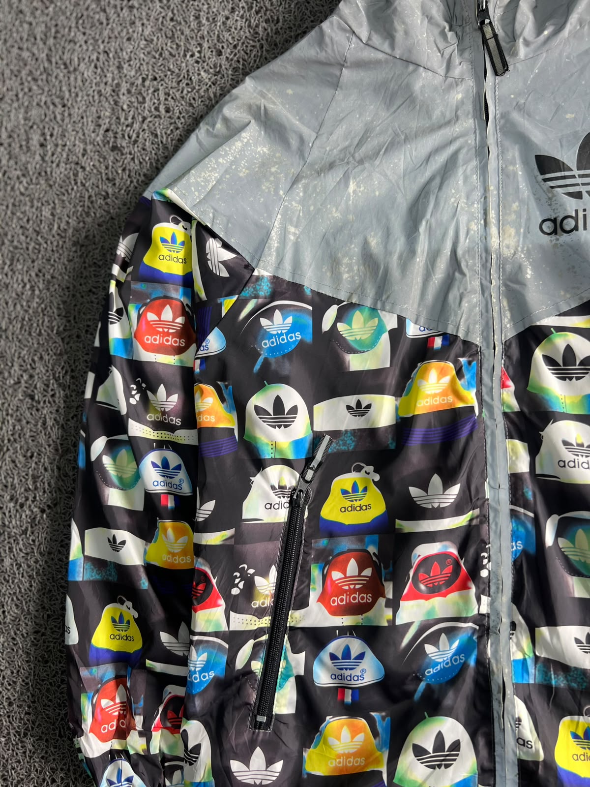 Adidas Allover Logo Print Hooded Jacket – ⚠️ Visible Stain