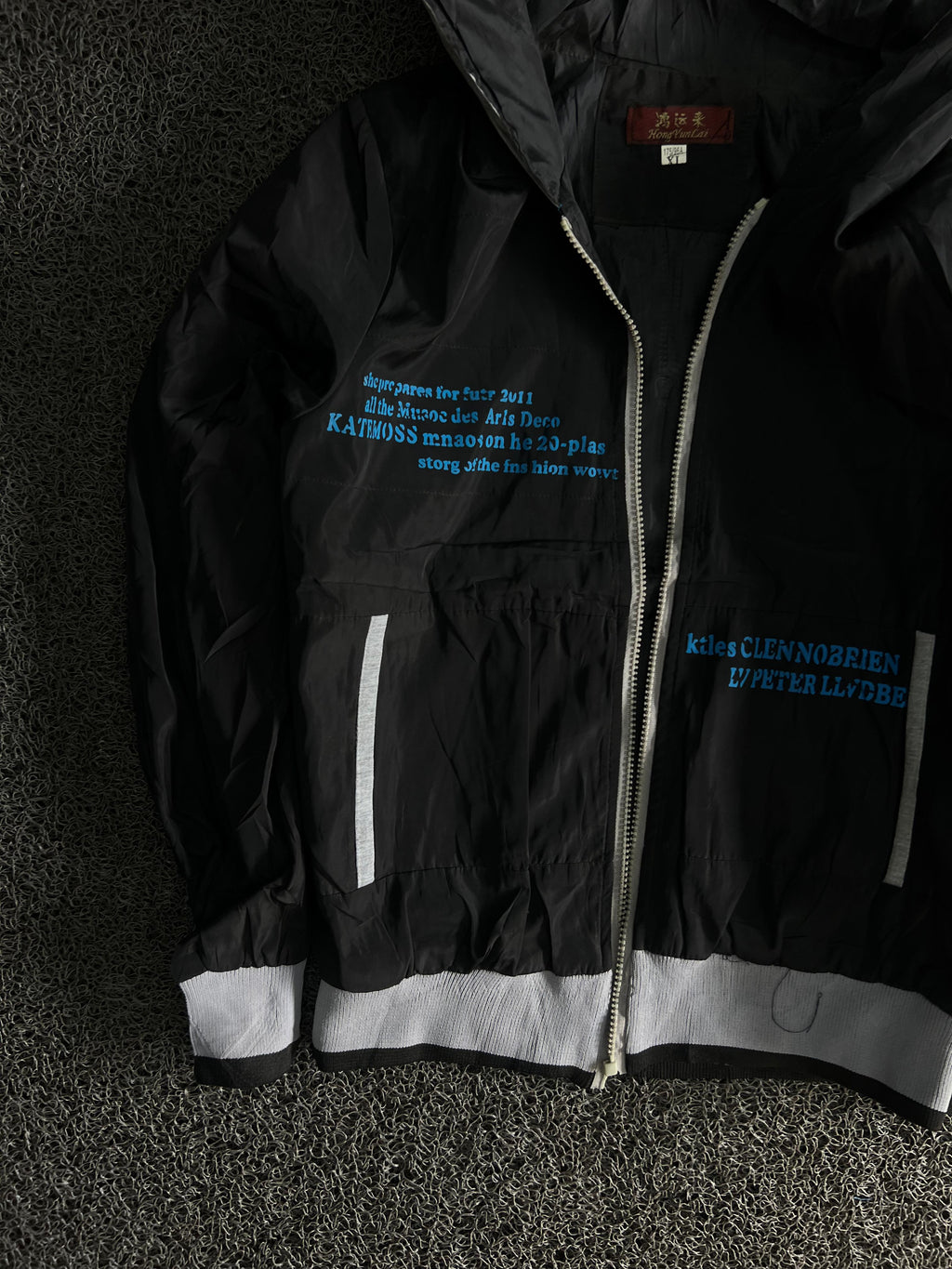 Hooded Windbreaker Jacket with White Contrast Trim & Blue Graphic Print