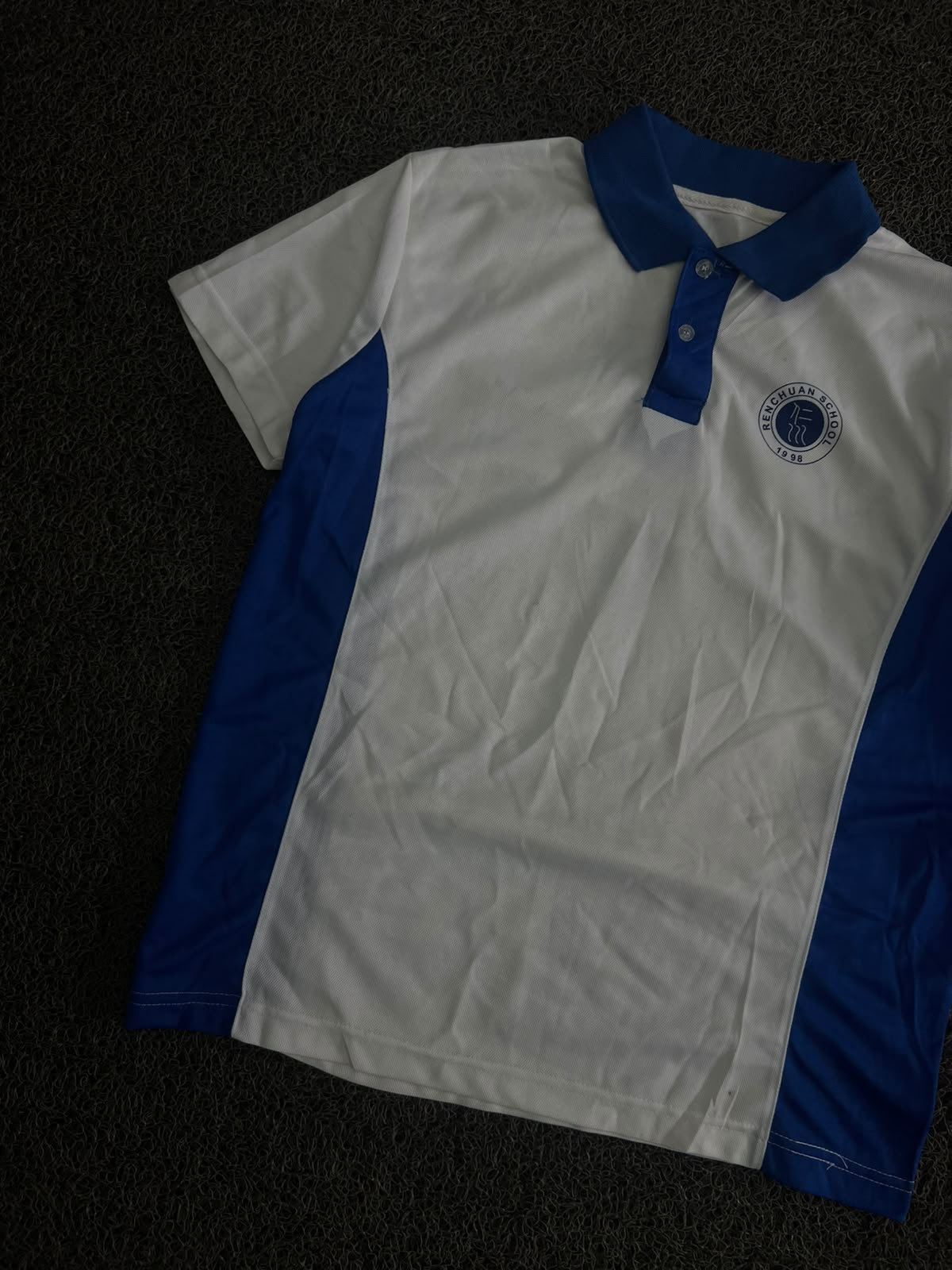 White & Blue Contrast Panel Polo T-Shirt with School Logo – Short Sleeve