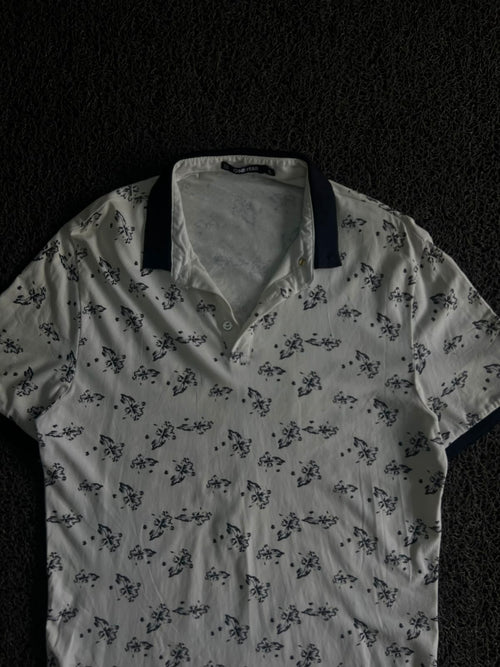 Vintage One Star White Floral Print Polo Shirt – Collar Casual Tee