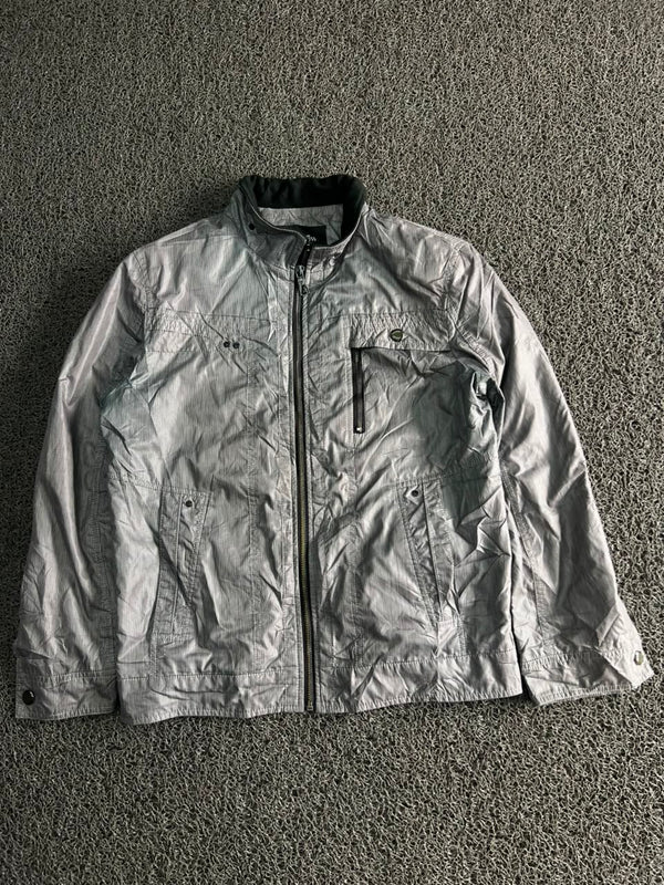 Vintage Silver Utility Zip-Up Jacket – Lightweight Stand Collar Windbreaker