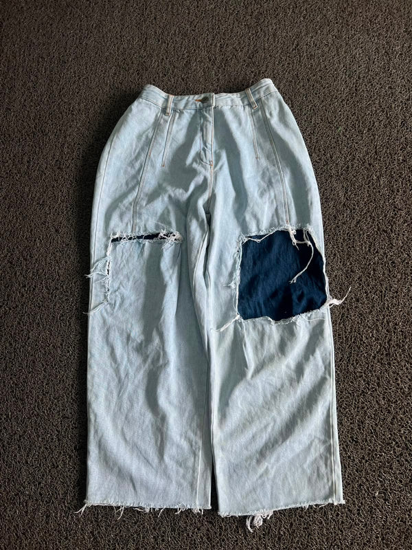 Vintage Light Wash Distressed Wide Leg Denim Jeans – Raw Hem Baggy Fit